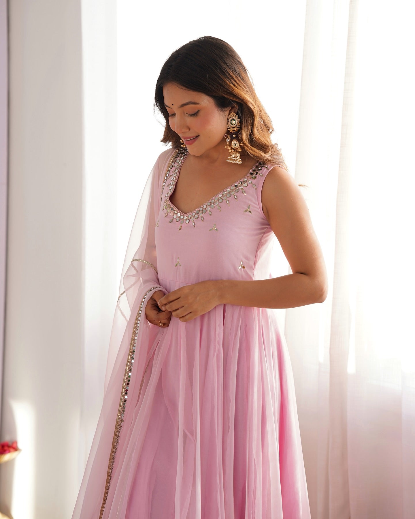 Designer Faux Georgette Embroidered Real Mirror Work Gown with Pant & Dupatta