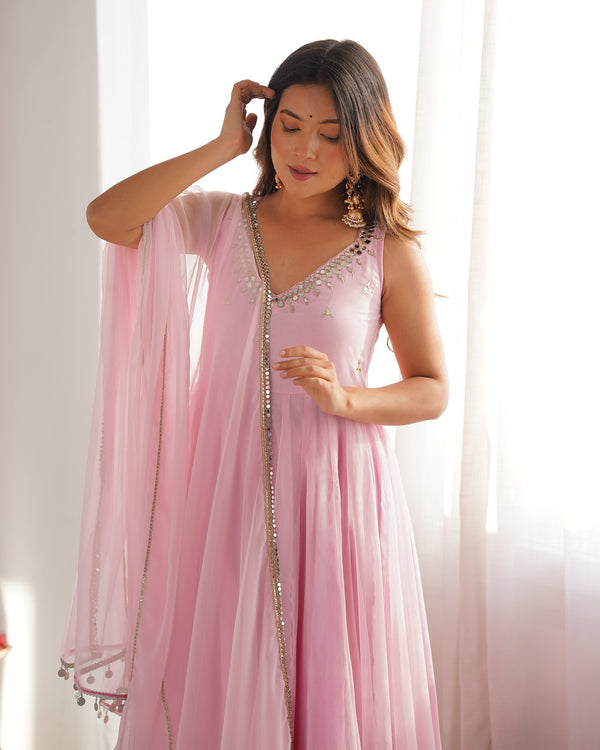 Designer Faux Georgette Embroidered Real Mirror Work Gown with Pant & Dupatta
