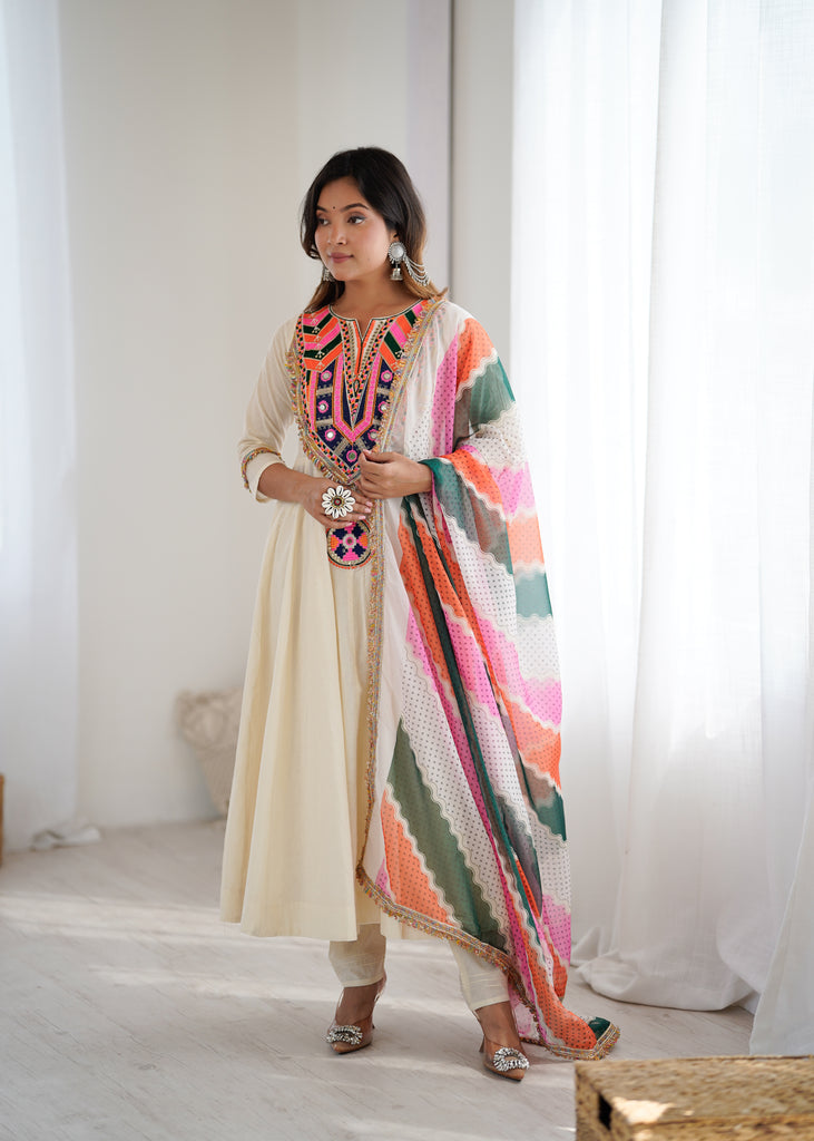 Premium Designer Khadi Cotton Gown Set with Pant & Dupatta