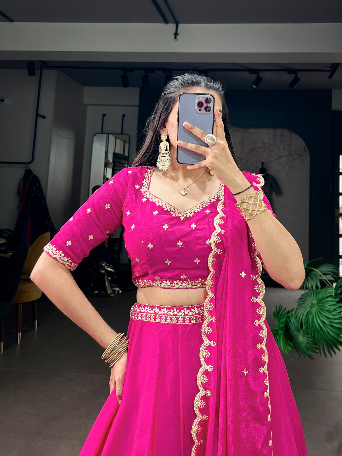 Pink Embroidered Chinon Lehenga Choli Set with Scalloped Dupatta