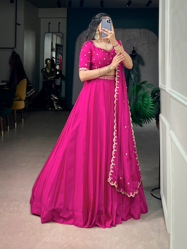 Pink Embroidered Chinon Lehenga Choli Set with Scalloped Dupatta