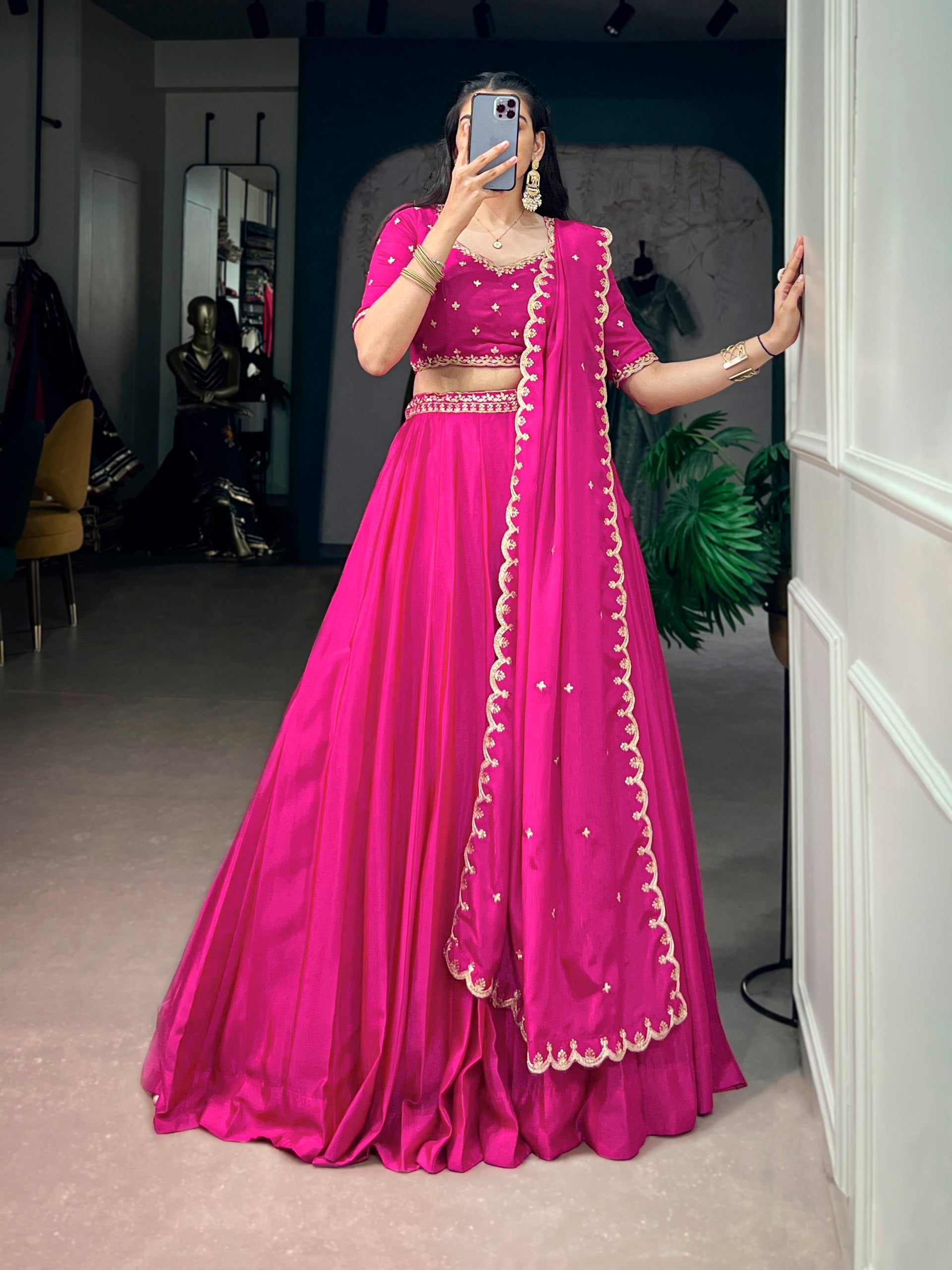 Pink Embroidered Chinon Lehenga Choli Set with Scalloped Dupatta