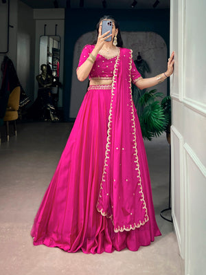 Pink Embroidered Chinon Lehenga Choli Set with Scalloped Dupatta