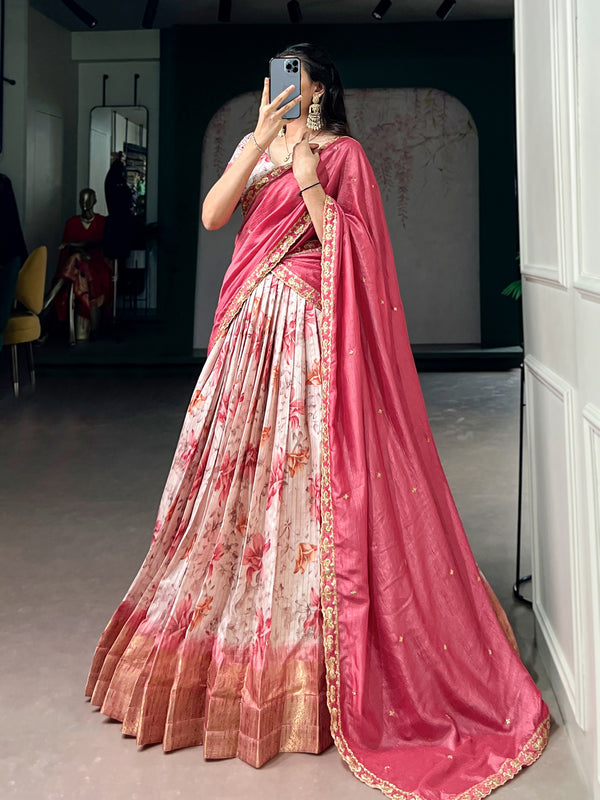 Pink Floral Printed Dola Chex Lehenga Choli Set with Embroidered Dupatta