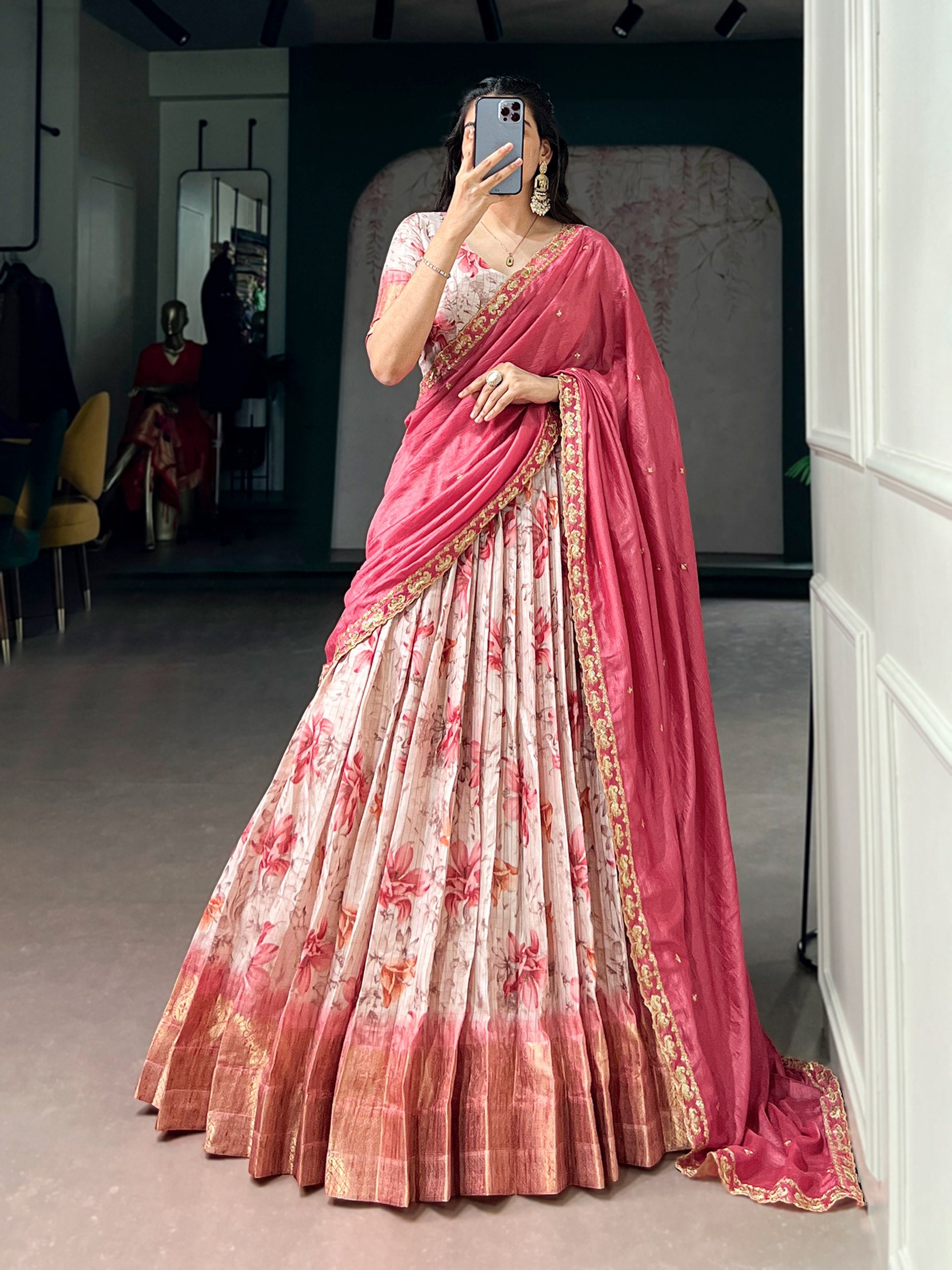 Pink Floral Printed Dola Chex Lehenga Choli Set with Embroidered Dupatta