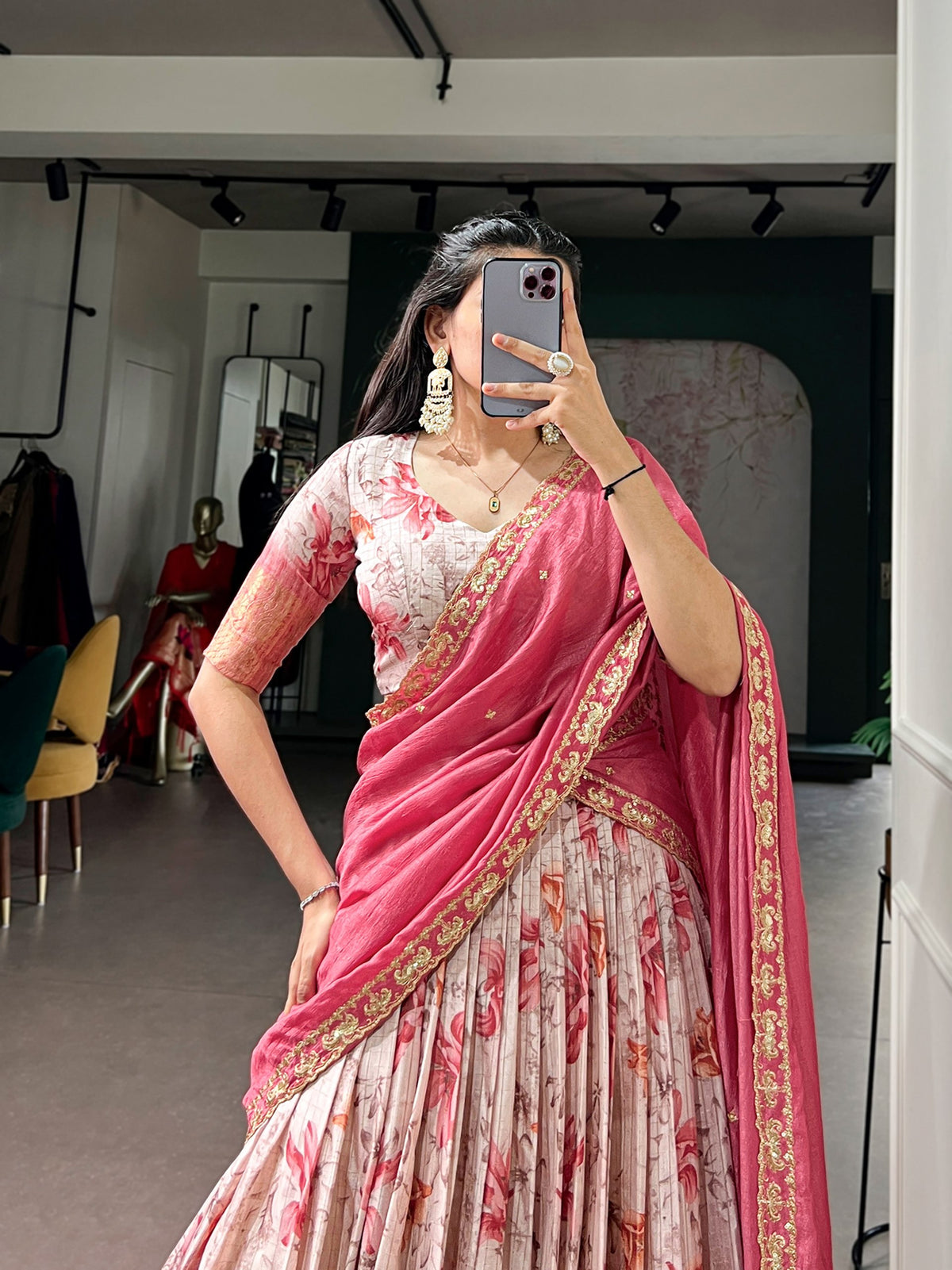 Pink Floral Printed Dola Chex Lehenga Choli Set with Embroidered Dupatta