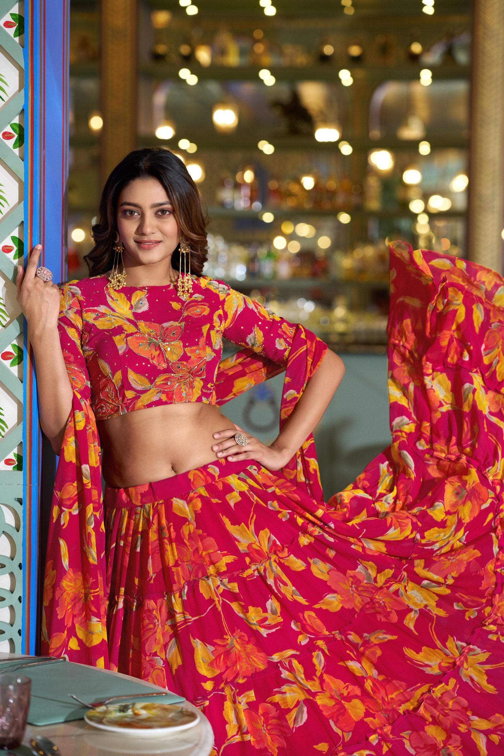 Pink Floral Printed Marble Lehenga Choli Set with Handwork Blouse