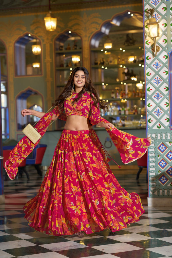 Pink Floral Printed Marble Lehenga Choli Set with Handwork Blouse