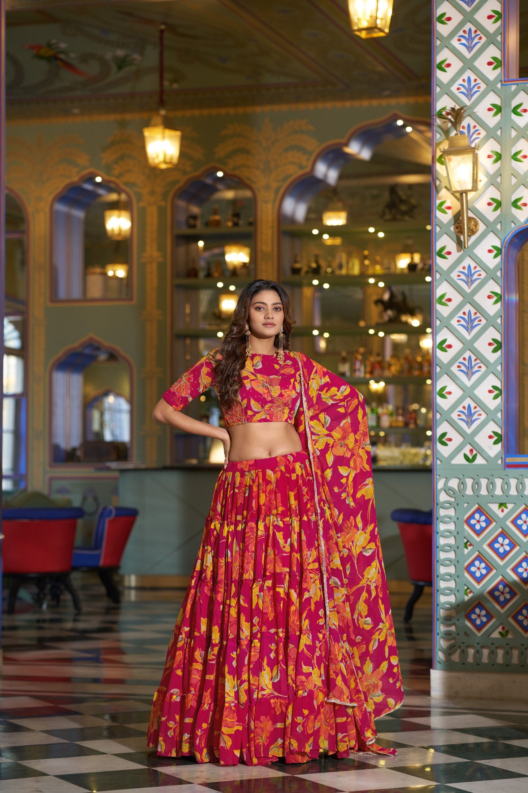 Pink Floral Printed Marble Lehenga Choli Set with Handwork Blouse
