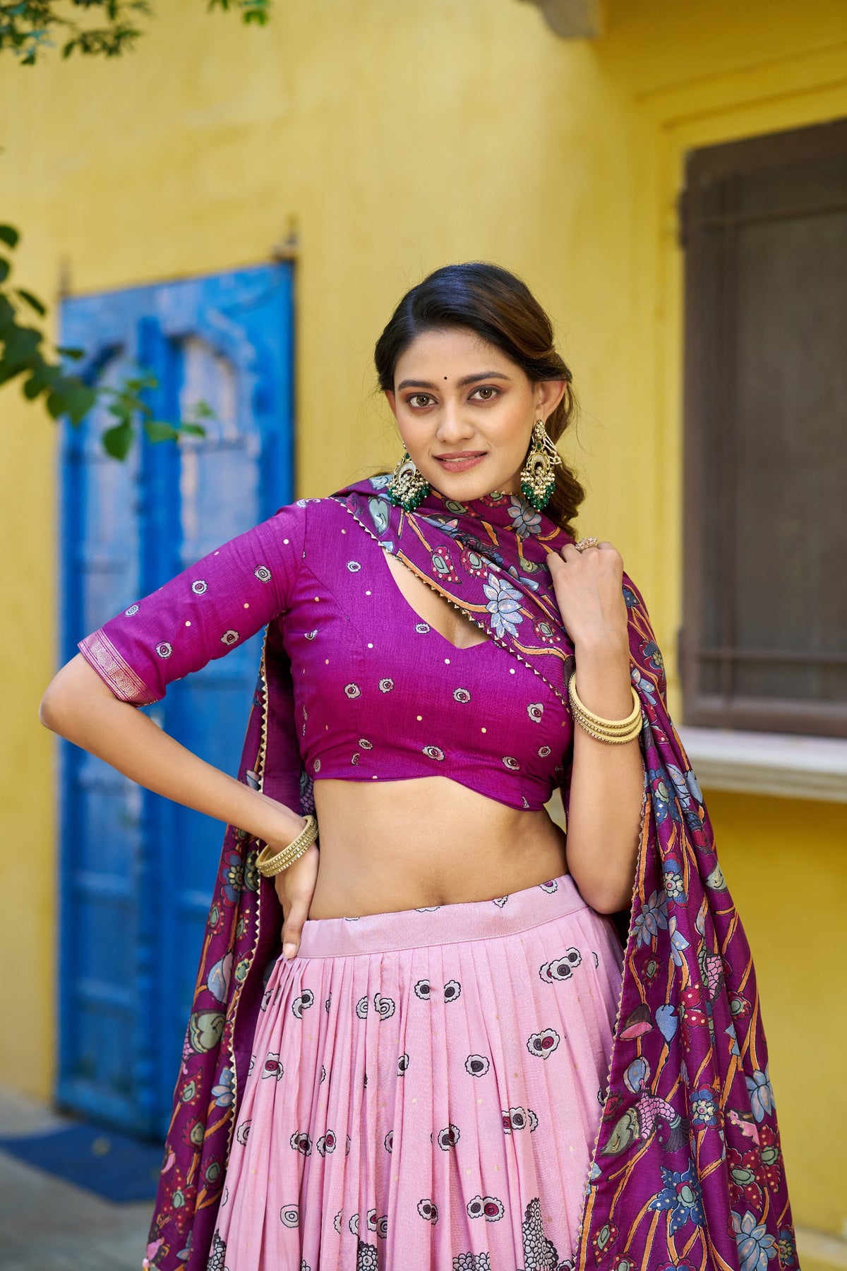 Pink Kalamkari Printed Tasar Silk Lehenga Choli Set with Tassel Dupatta