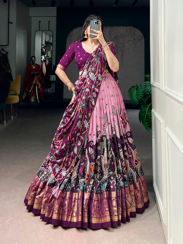Pink Kalamkari Printed Silk Lehenga Choli Set with Tassel Dupatta