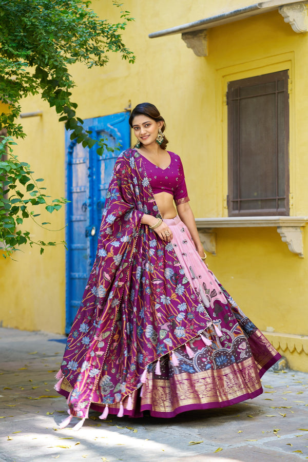 Pink Kalamkari Printed Tasar Silk Lehenga Choli Set with Tassel Dupatta
