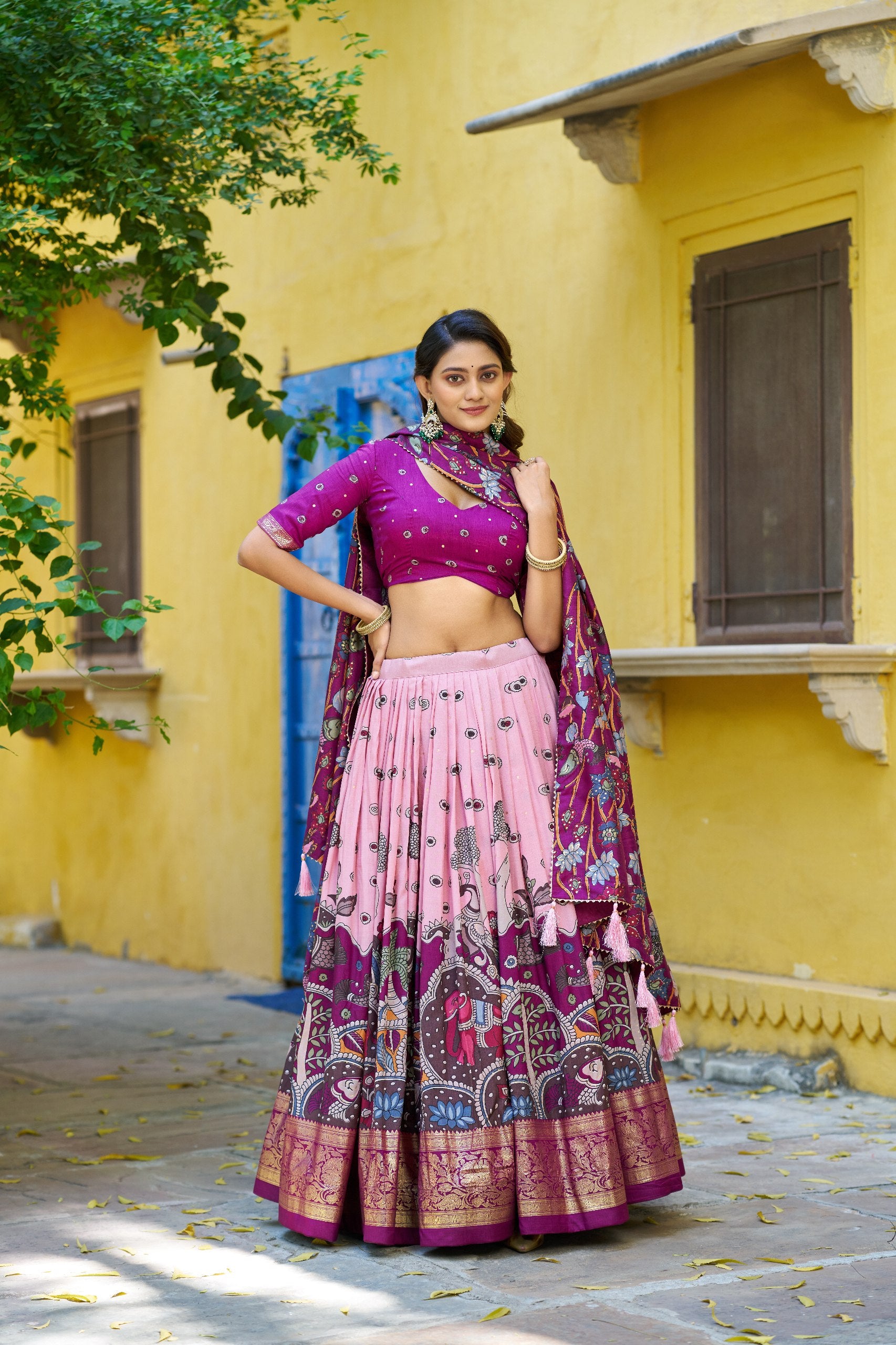 Pink Kalamkari Printed Tasar Silk Lehenga Choli Set with Tassel Dupatta