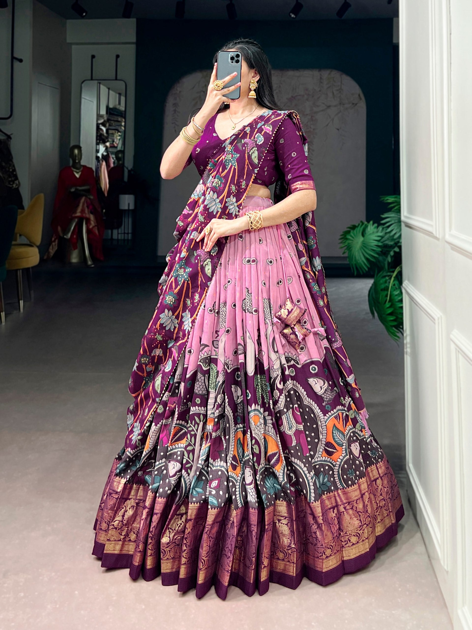 Pink Kalamkari Printed Silk Lehenga Choli Set with Tassel Dupatta