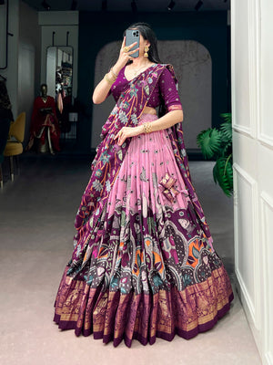 Pink Kalamkari Printed Silk Lehenga Choli Set with Tassel Dupatta