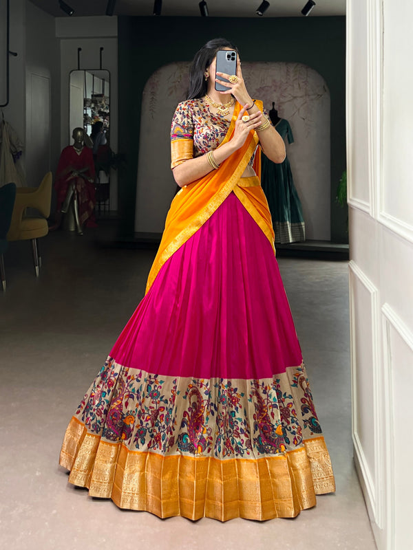 Pink Print Aastha Silk Lehenga Choli Set with Orange Dupatta