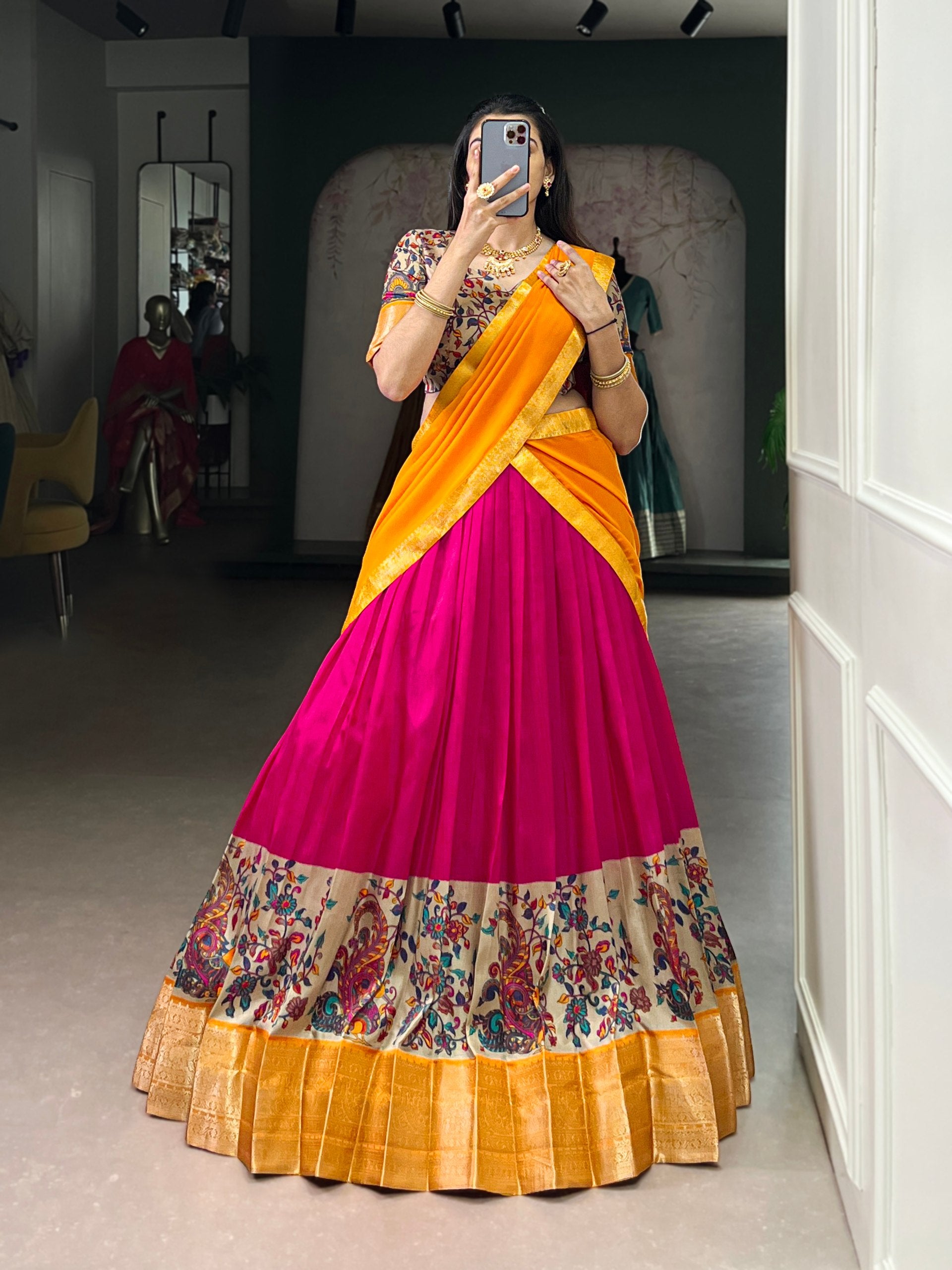 Pink Print Aastha Silk Lehenga Choli Set with Orange Dupatta