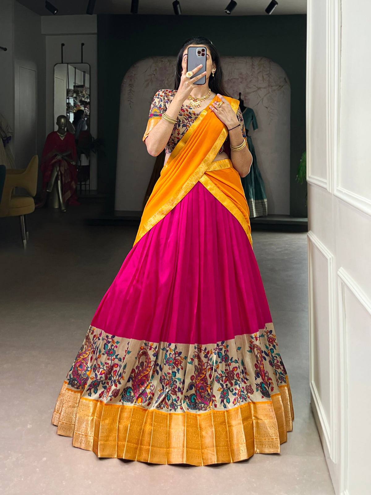 Pink Print Aastha Silk Lehenga Choli Set with Orange Dupatta