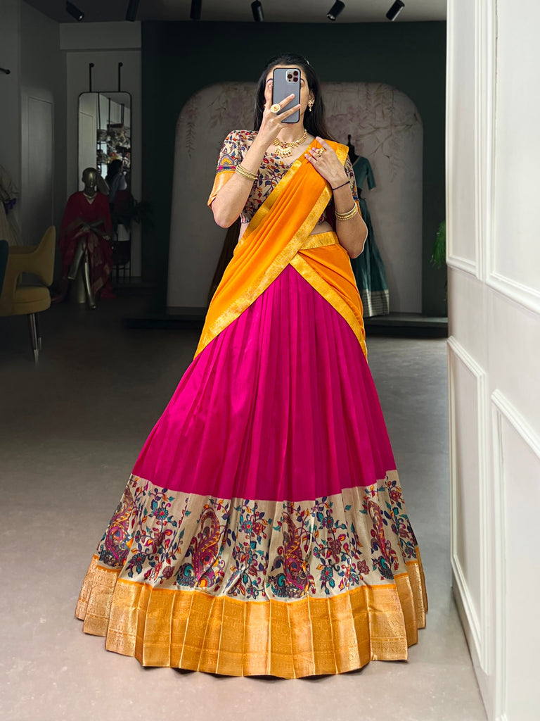 Pink Print Aastha Silk Lehenga Choli Set with Orange Dupatta