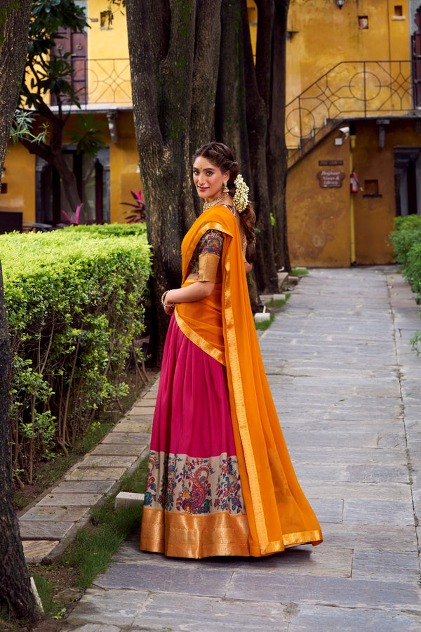 Pink Printed Aastha Silk Lehenga Choli Set with Stitched Blouse