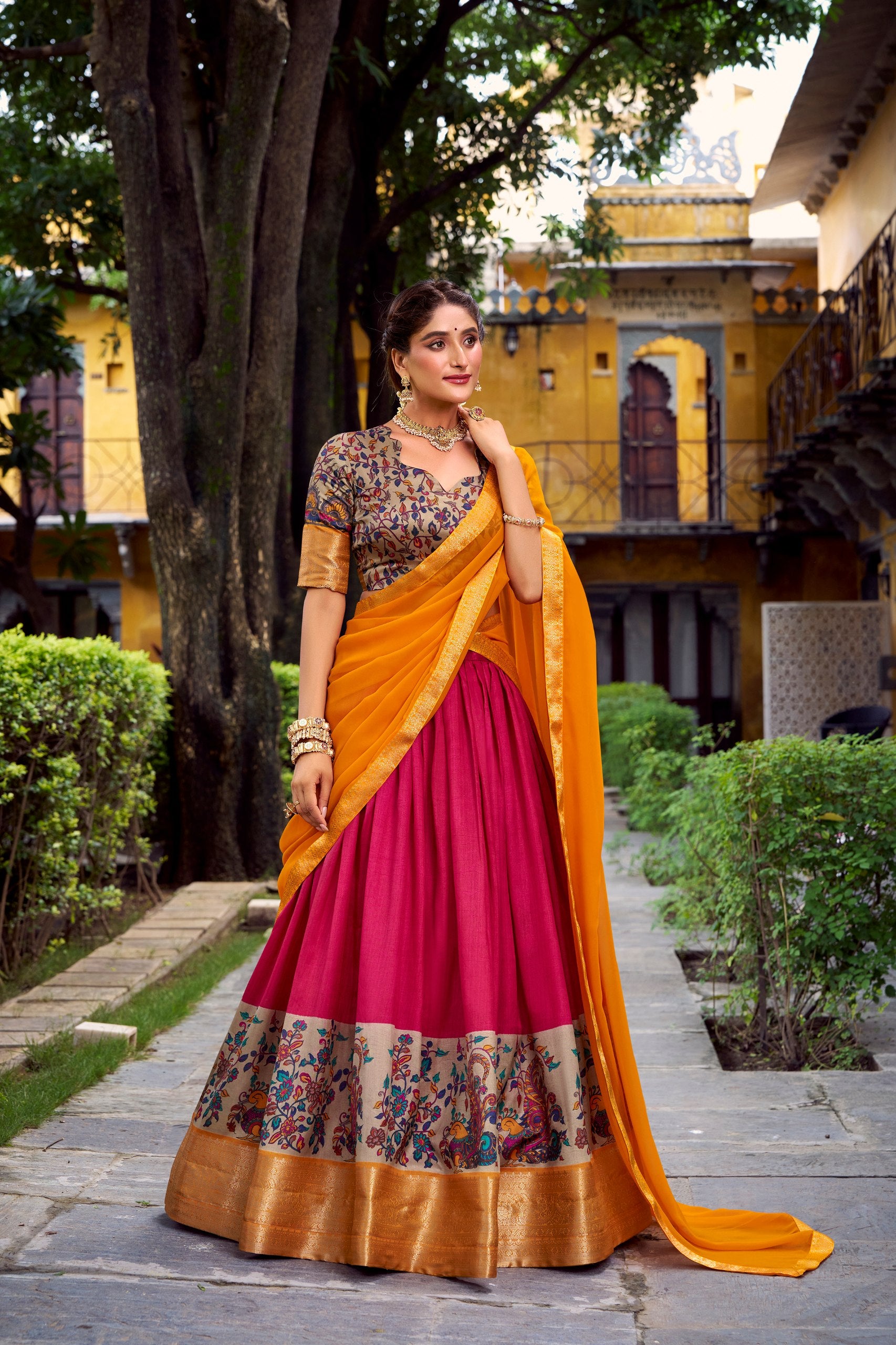 Pink Printed Aastha Silk Lehenga Choli Set with Stitched Blouse