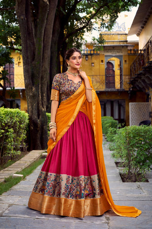 Pink Printed Aastha Silk Lehenga Choli Set with Stitched Blouse