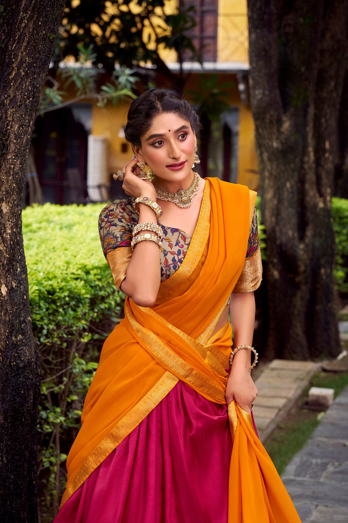Pink Printed Aastha Silk Lehenga Choli Set with Stitched Blouse