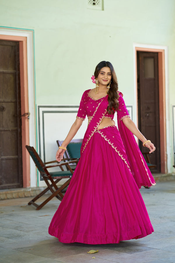 Pink Sequin Embroidered Chinon Lehenga Choli Set