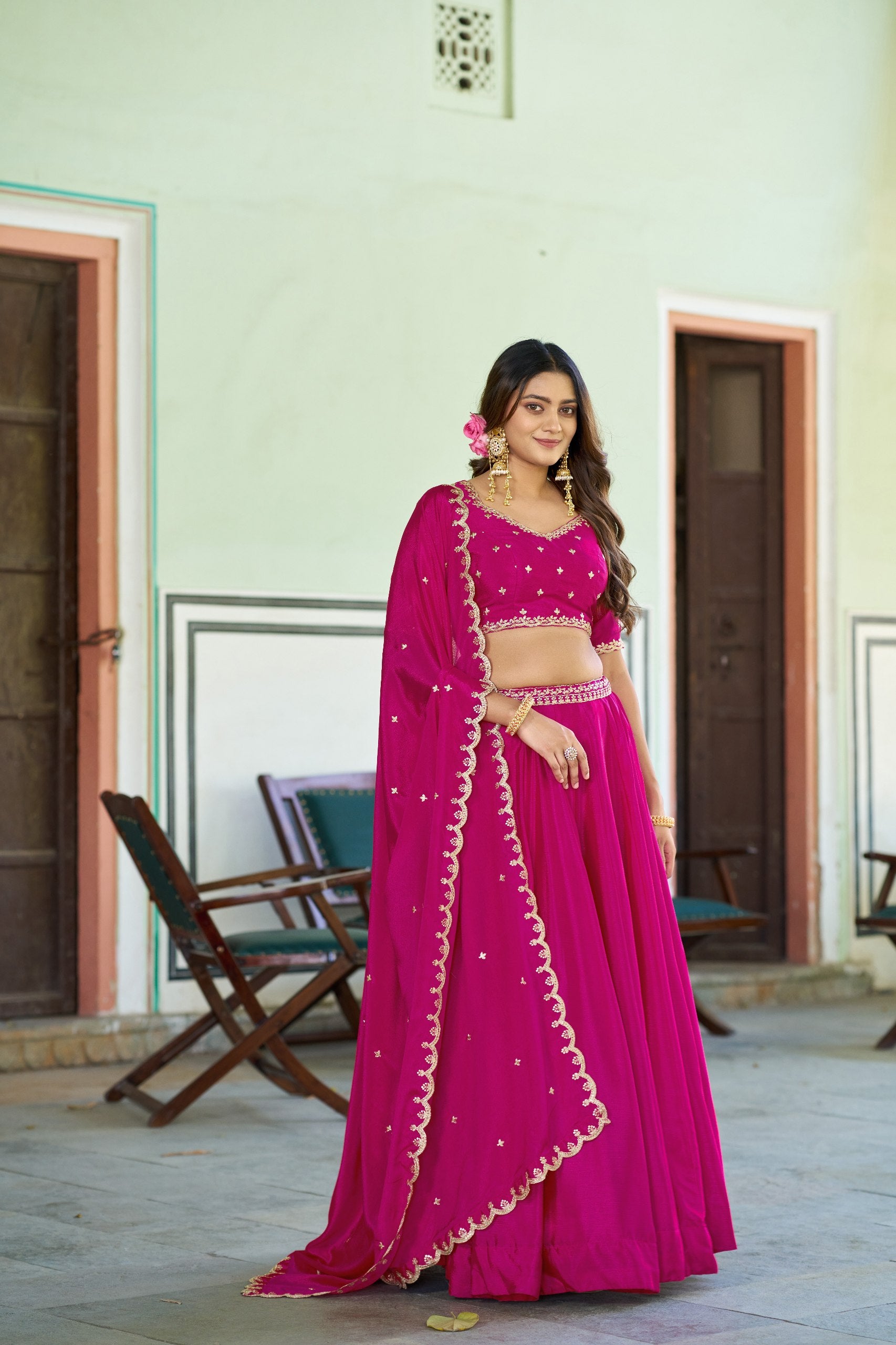 Pink Sequin Embroidered Chinon Lehenga Choli Set