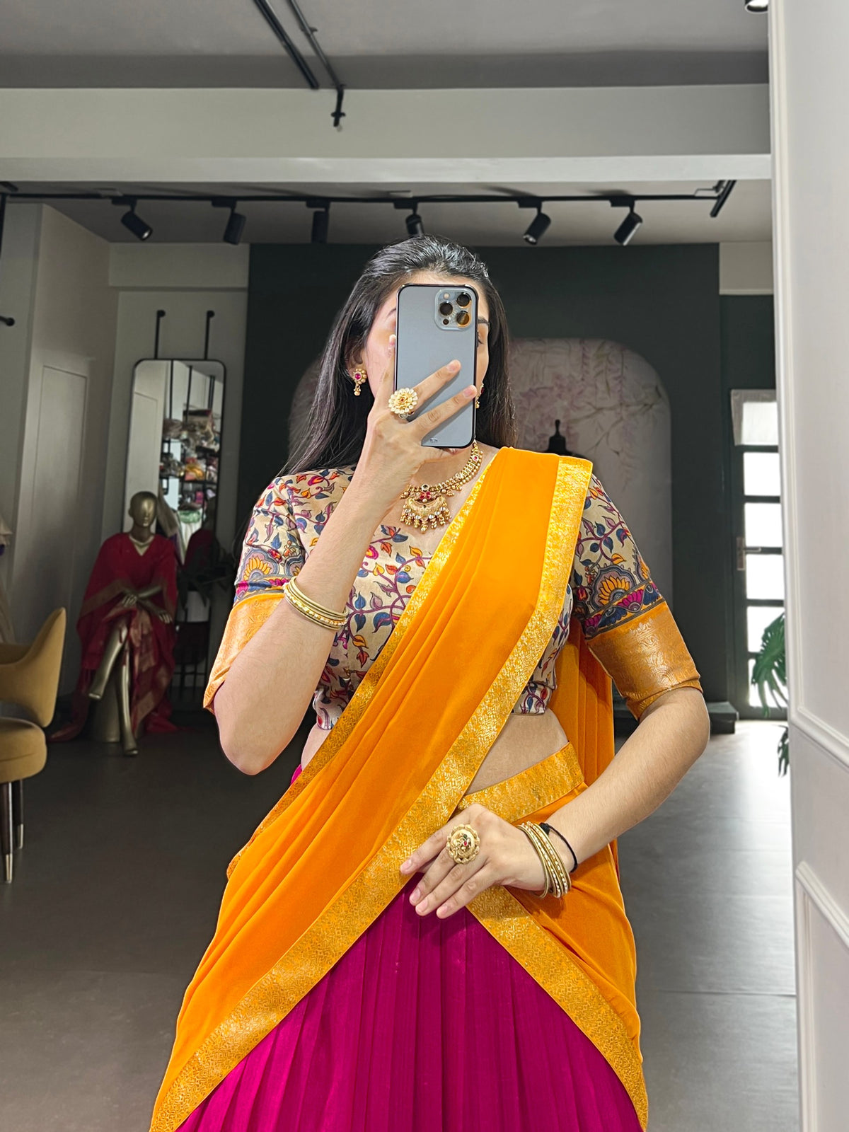 Pink Print Aastha Silk Lehenga Choli Set with Orange Dupatta