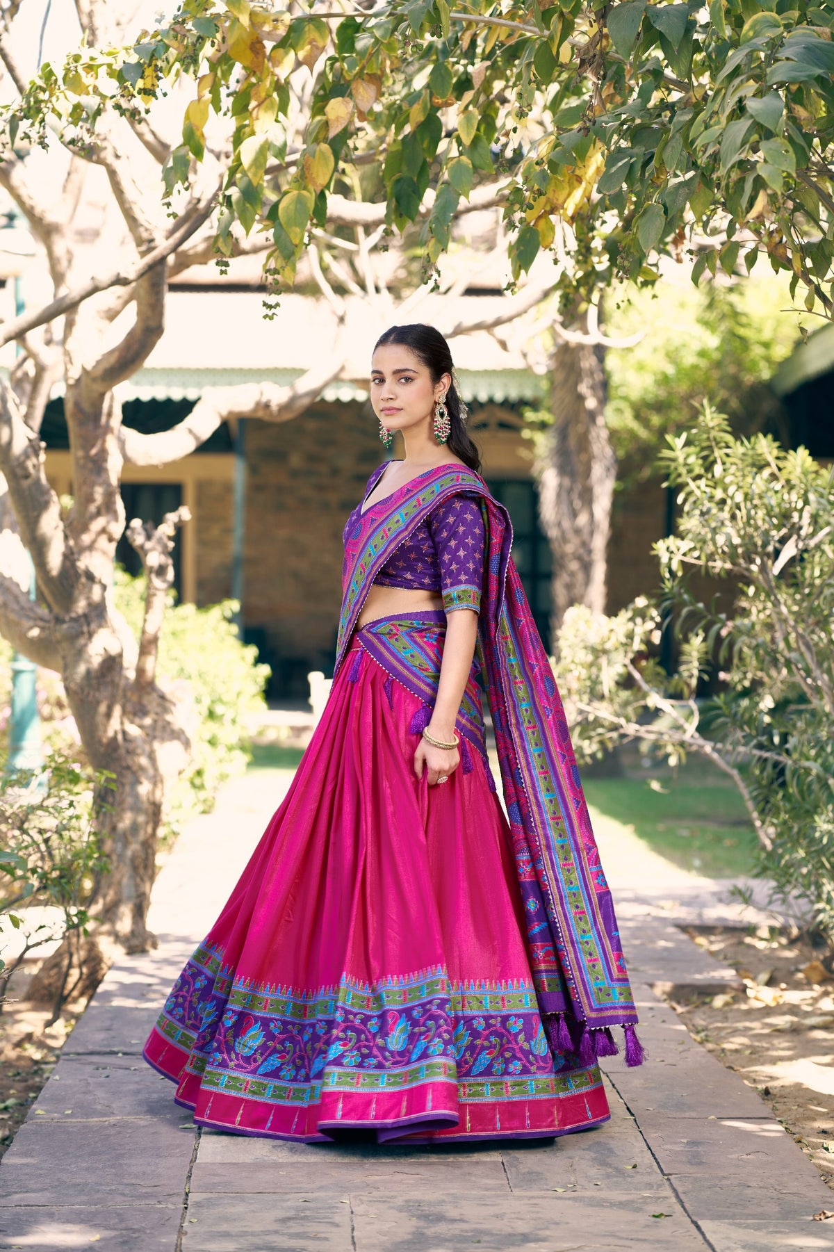 Pink Tasar Silk Lehenga Choli Set with Printed Tassel Dupatta