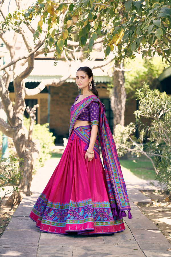 Pink Tasar Silk Lehenga Choli Set with Printed Tassel Dupatta