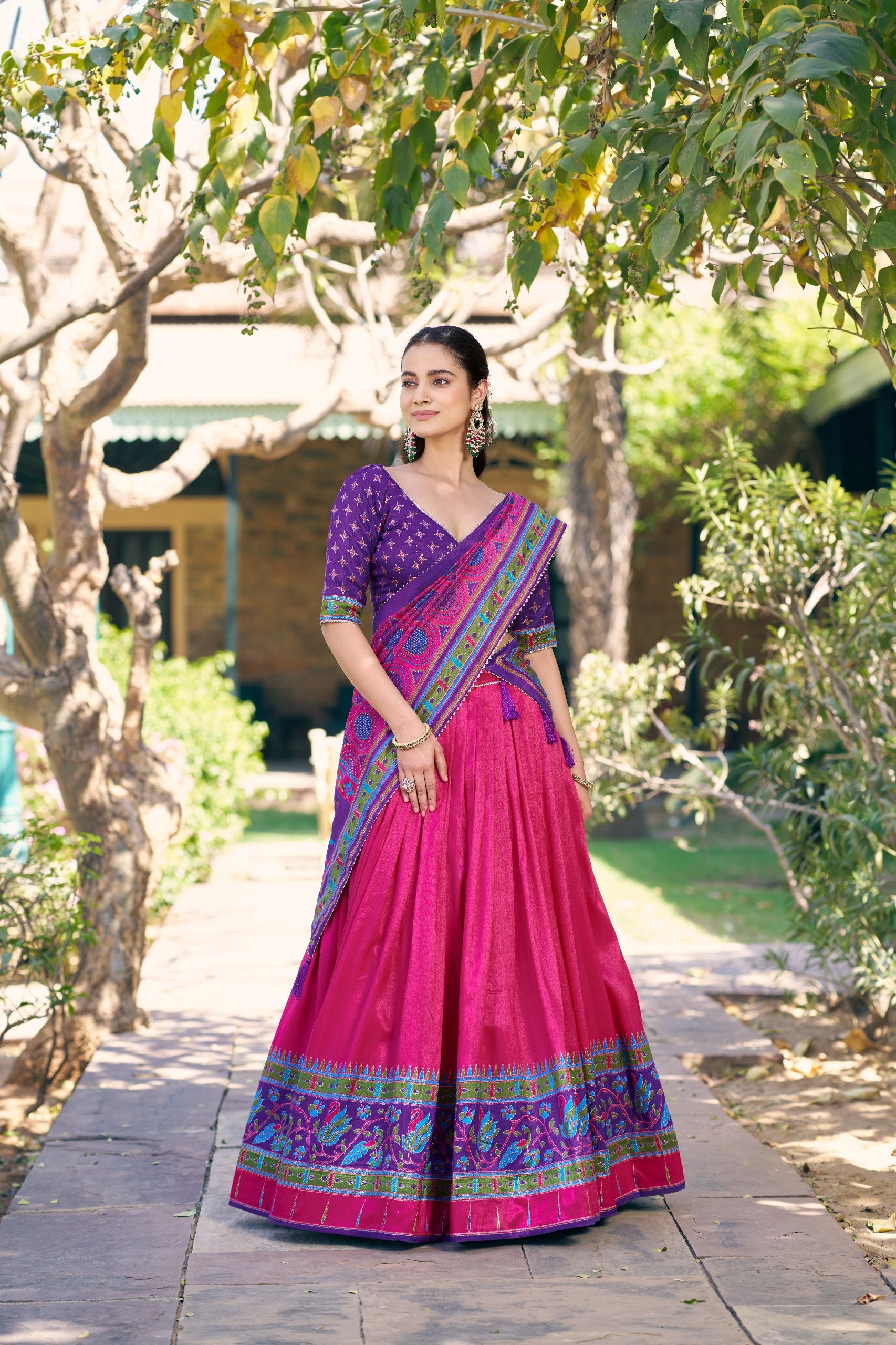 Pink Tasar Silk Lehenga Choli Set with Printed Tassel Dupatta