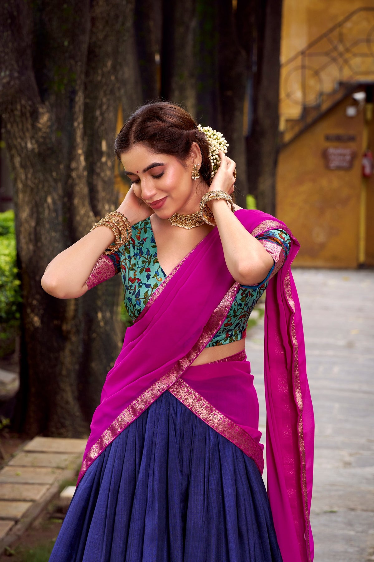 Purple Printed Aastha Silk Lehenga Choli Set with Stitched Blouse