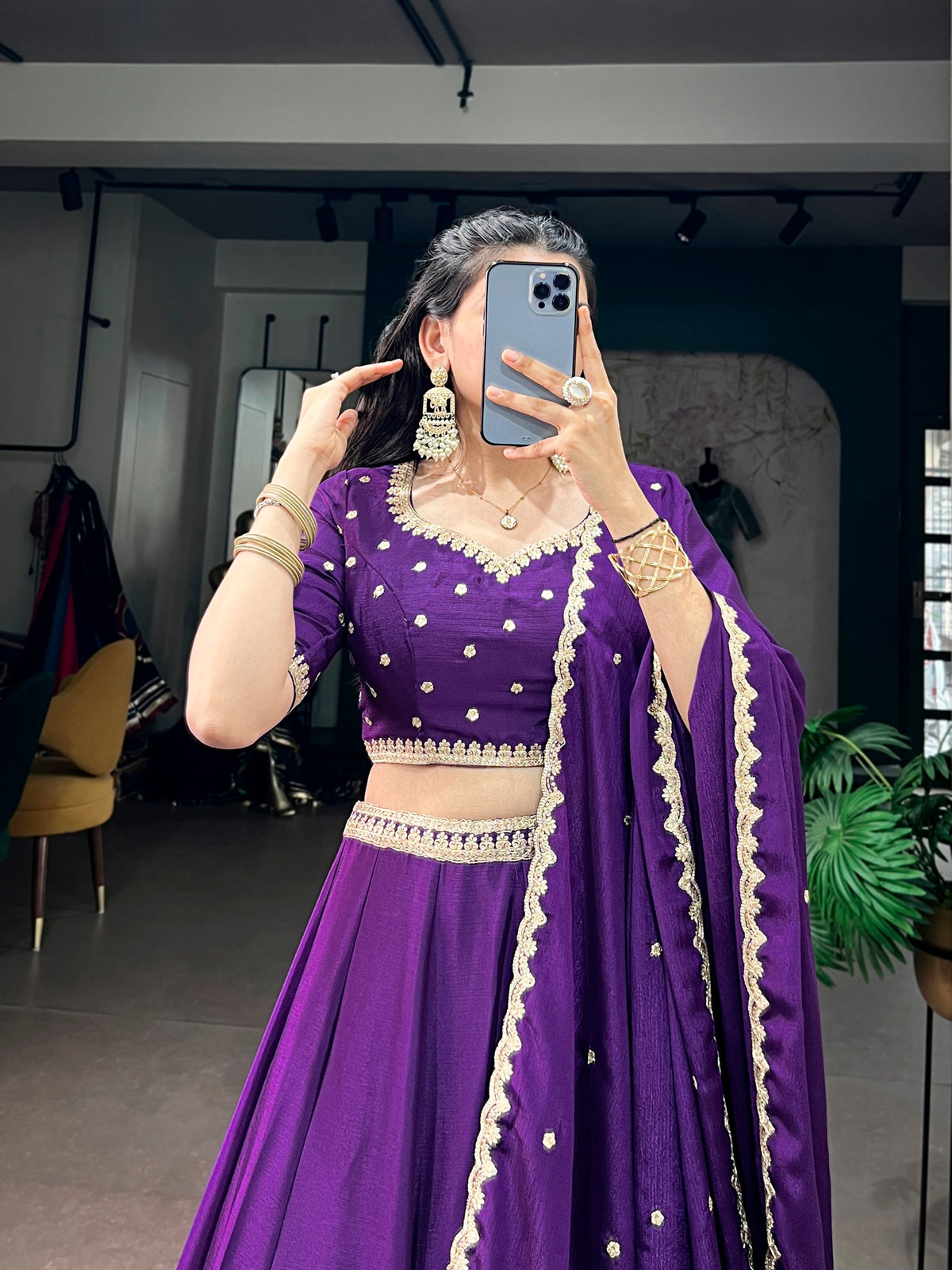 Purple Embroidered Chinon Lehenga Choli Set with Scalloped Dupatta