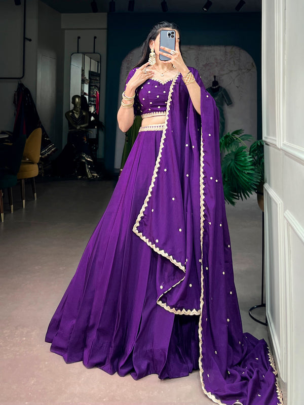 Purple Embroidered Chinon Lehenga Choli Set with Scalloped Dupatta