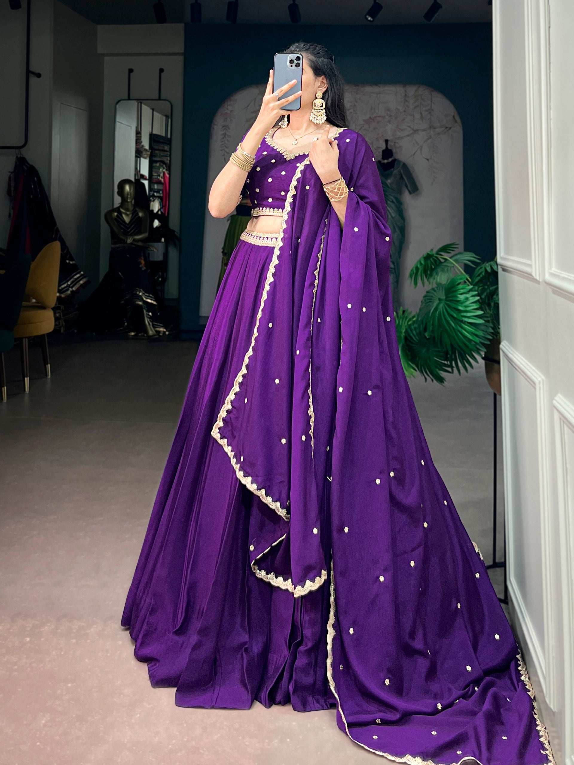 Purple Embroidered Chinon Lehenga Choli Set with Scalloped Dupatta