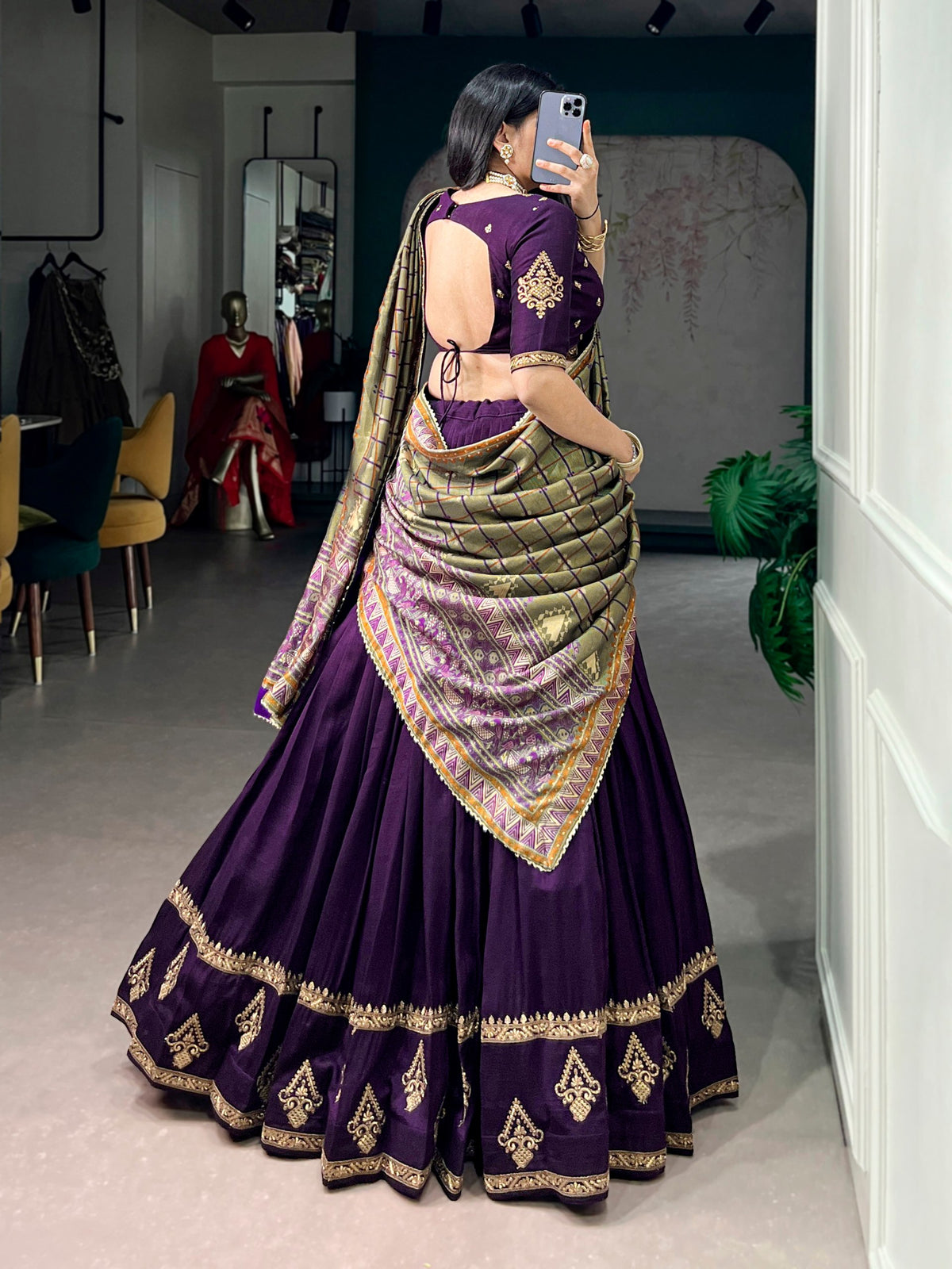 Purple Embroidered Vichitra Silk Lehenga Choli Set with Foil Printed Dupatta