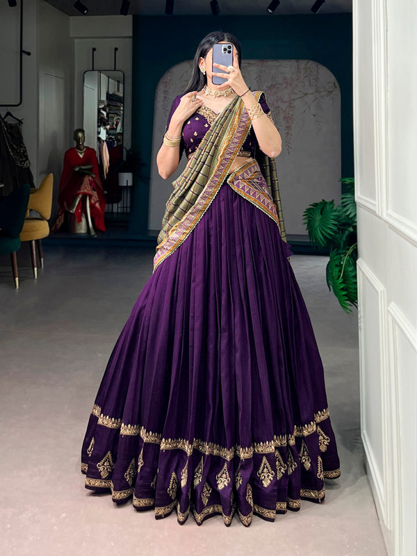 Purple Embroidered Vichitra Silk Lehenga Choli Set with Foil Printed Dupatta