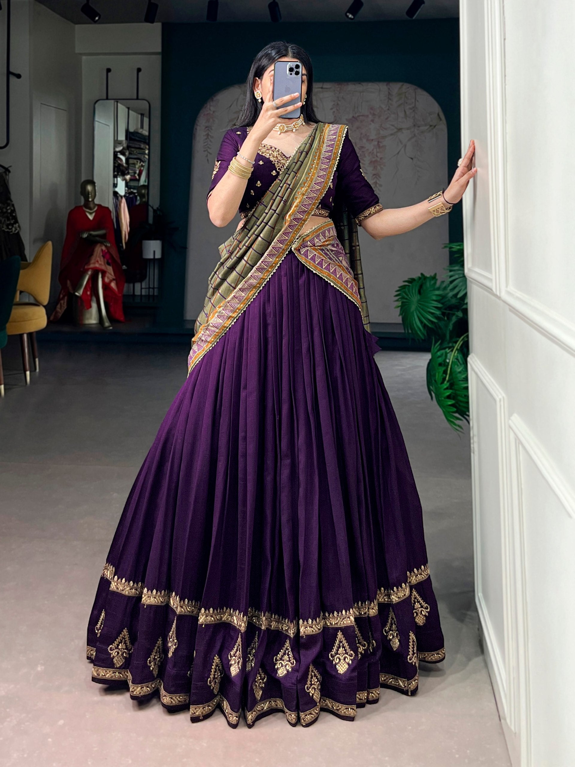 Purple Embroidered Vichitra Silk Lehenga Choli Set with Foil Printed Dupatta