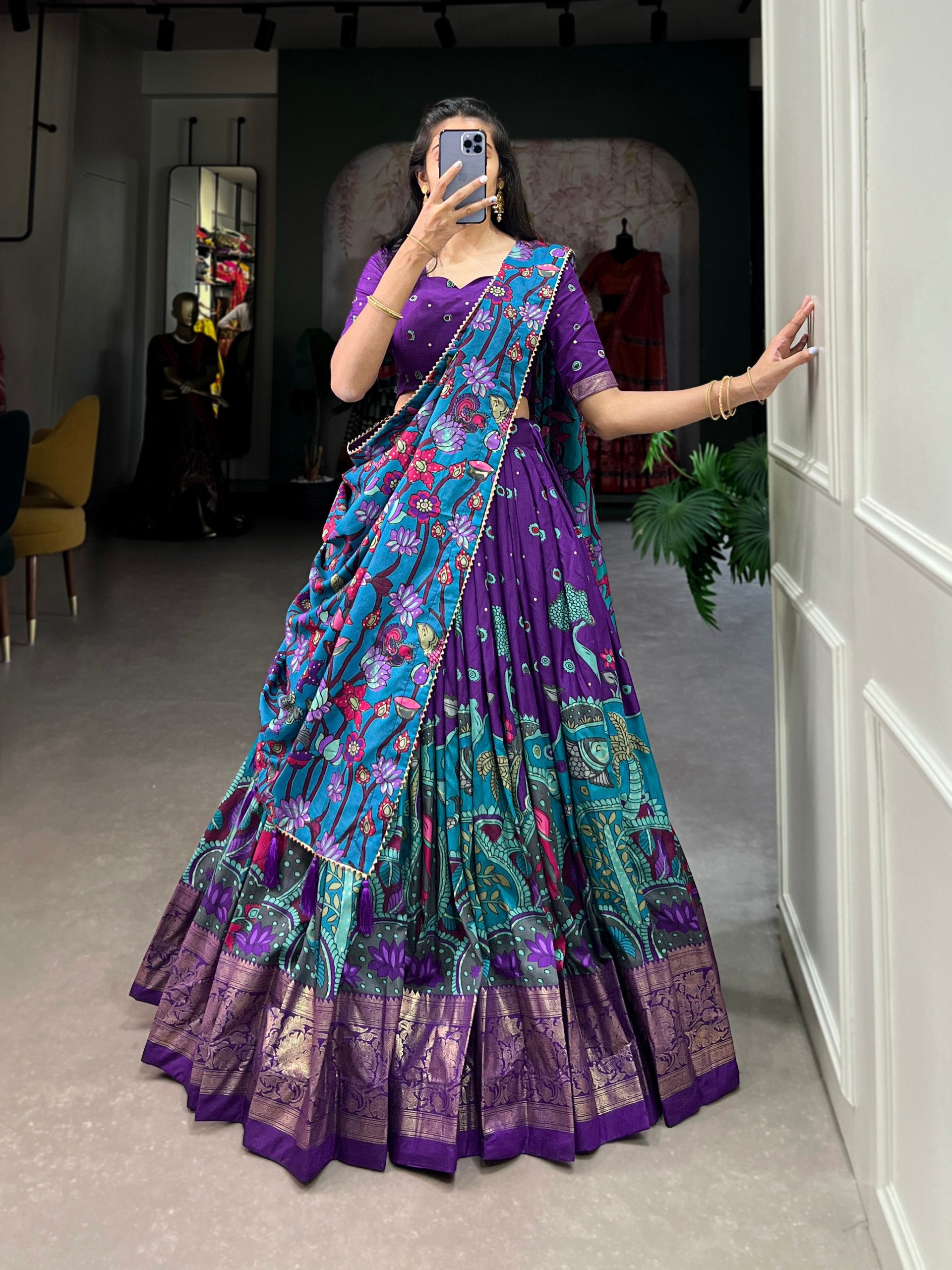 Purple Kalamkari Printed Silk Lehenga Choli Set with Tassel Dupatta