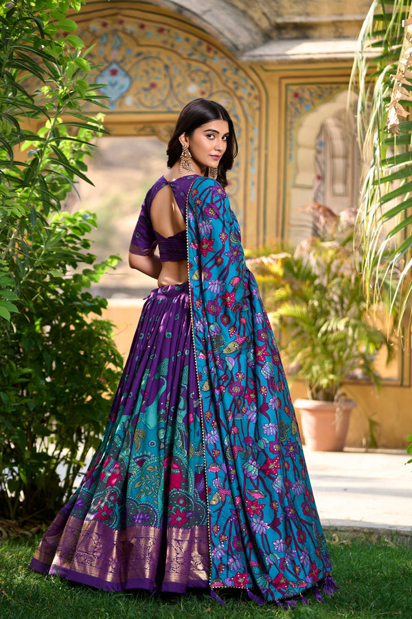 Purple Kalamkari Printed Tasar Silk Lehenga Choli Set with Tassel Dupatta