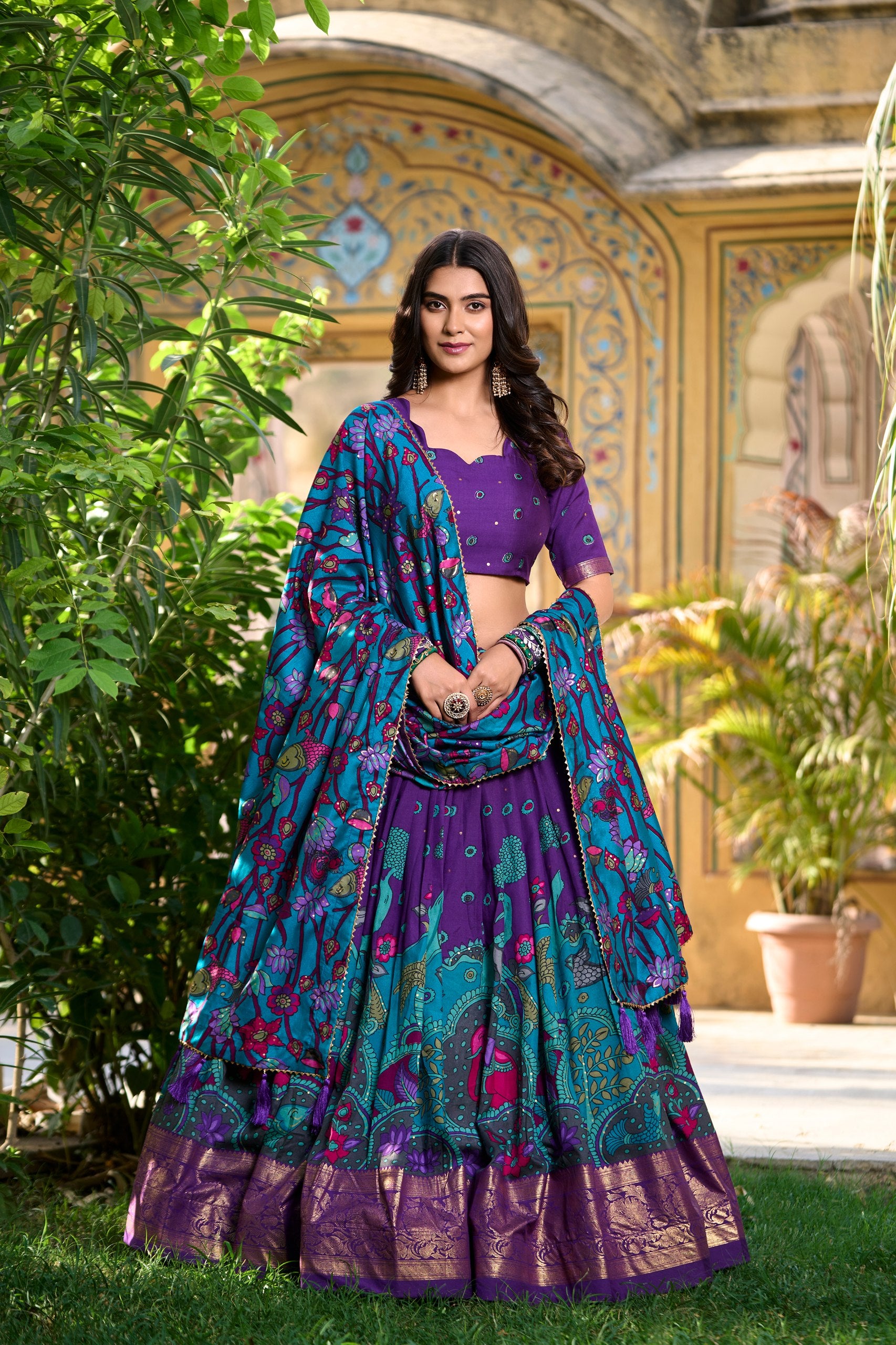 Purple Kalamkari Printed Tasar Silk Lehenga Choli Set with Tassel Dupatta