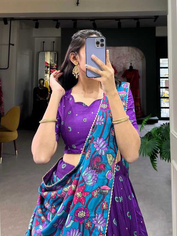 Purple Kalamkari Printed Silk Lehenga Choli Set with Tassel Dupatta