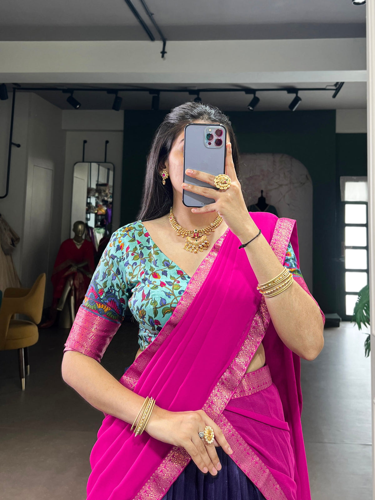 Purple Print Aastha Silk Lehenga Choli Set with Pink Dupatta