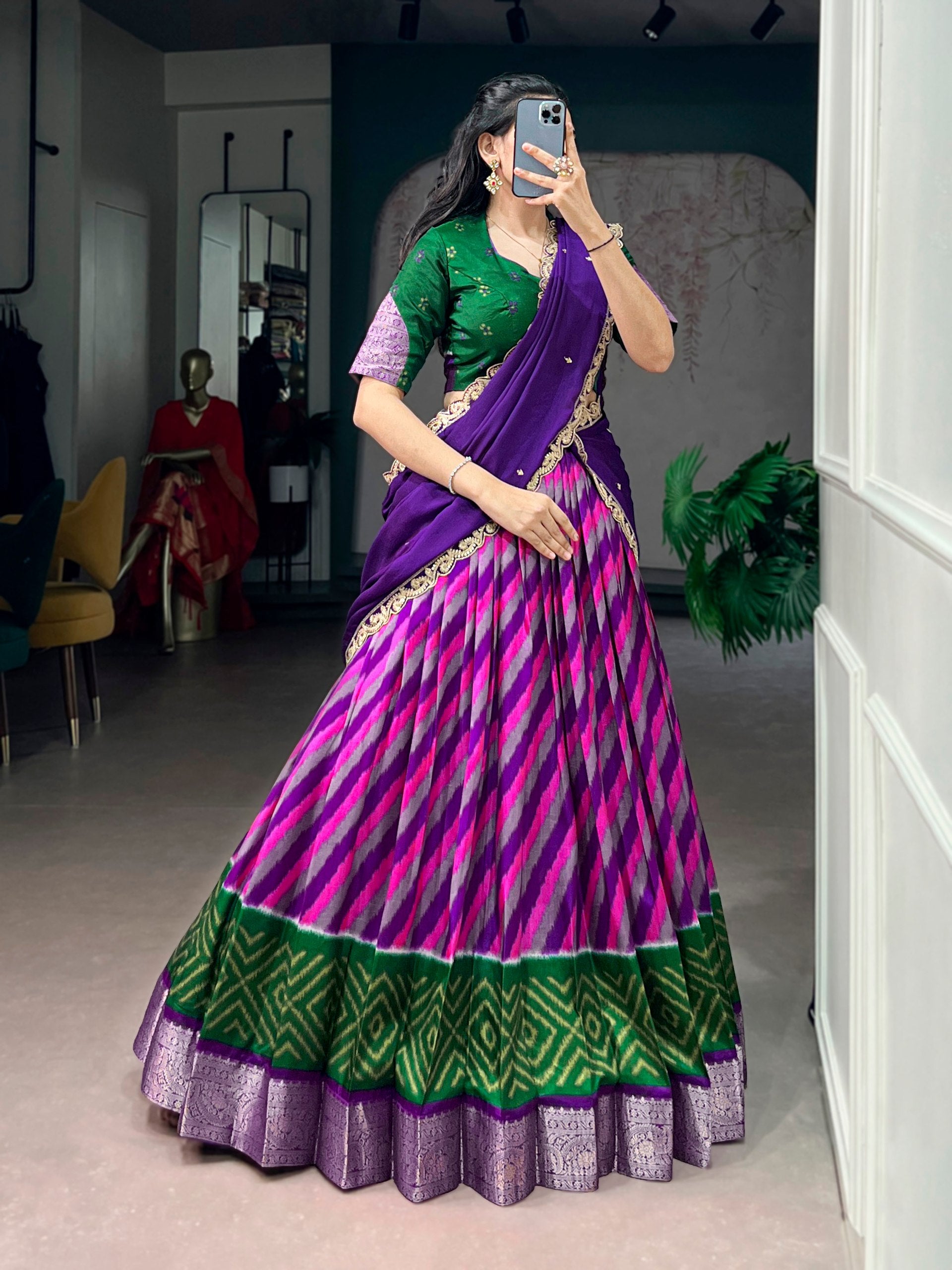 Purple Leheriya Printed Tasar Silk Lehenga Choli Set with Embroidered Dupatta