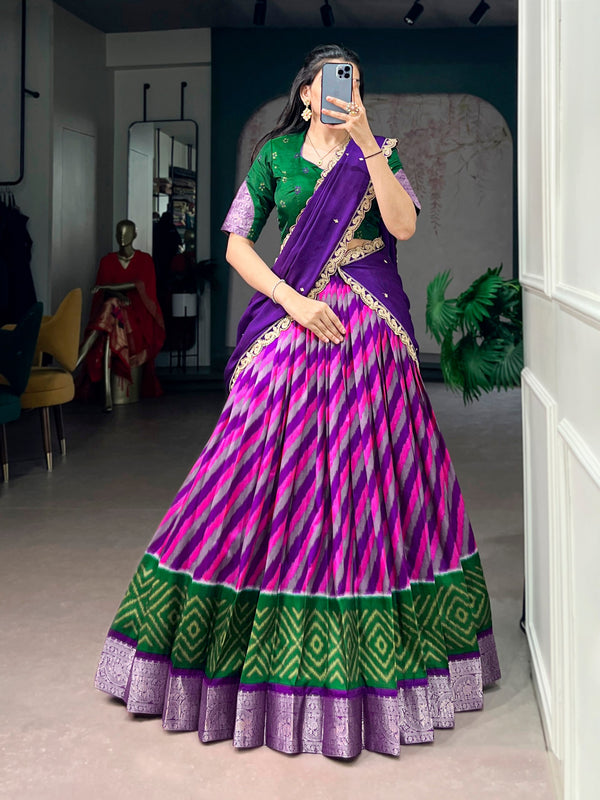 Purple Leheriya Printed Tasar Silk Lehenga Choli Set with Embroidered Dupatta