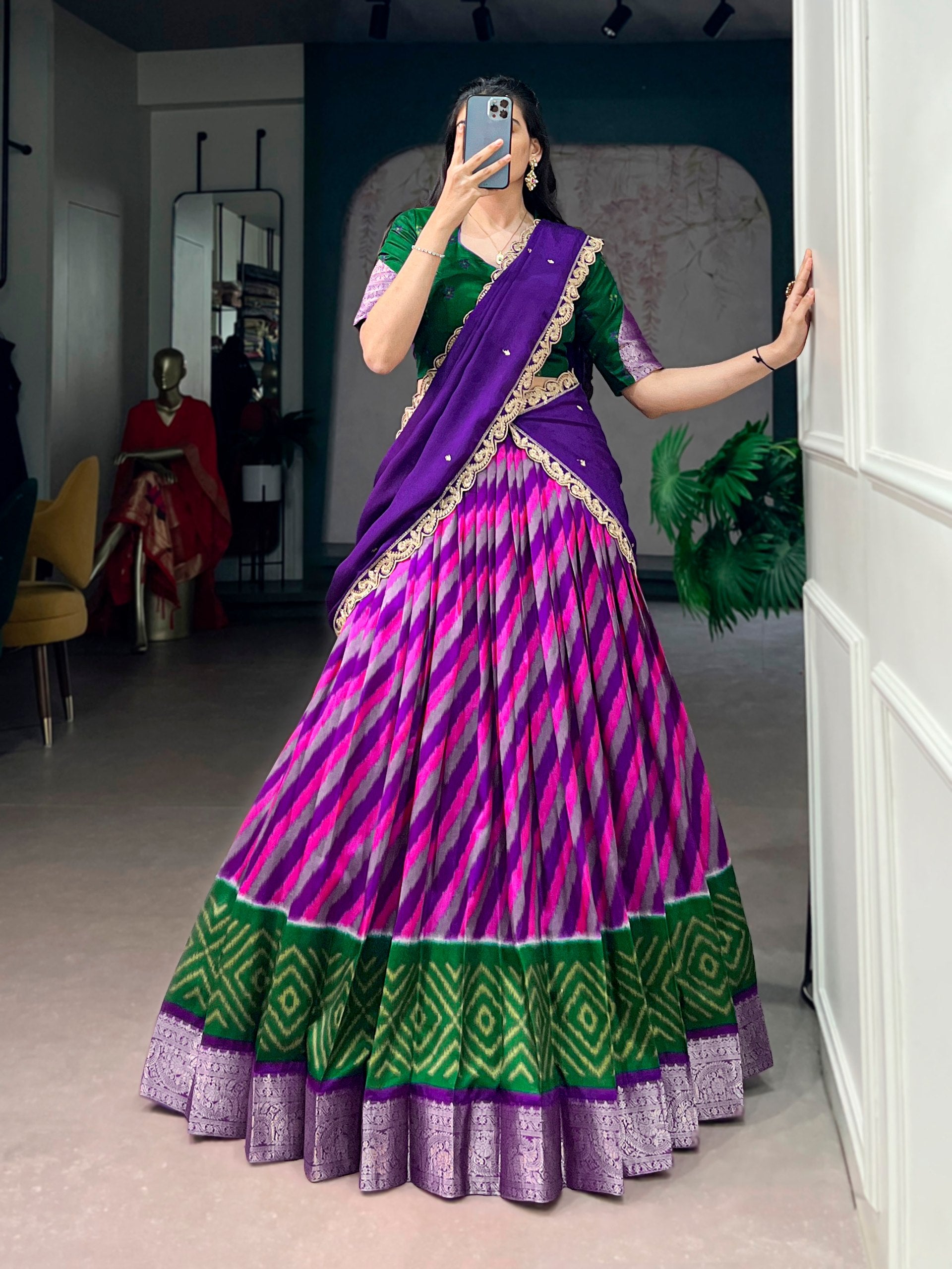 Purple Leheriya Printed Tasar Silk Lehenga Choli Set with Embroidered Dupatta
