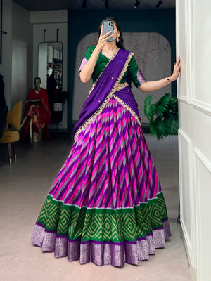 Purple Leheriya Printed Tasar Silk Lehenga Choli Set with Embroidered Dupatta
