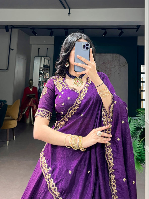 Purple NC Silk Lehenga Choli Set with Embroidered Dupatta